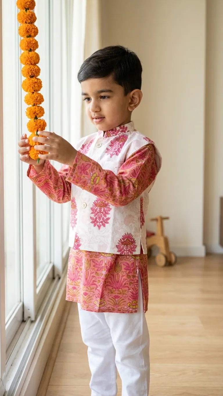 Boys Floral Kurta Set, view 4