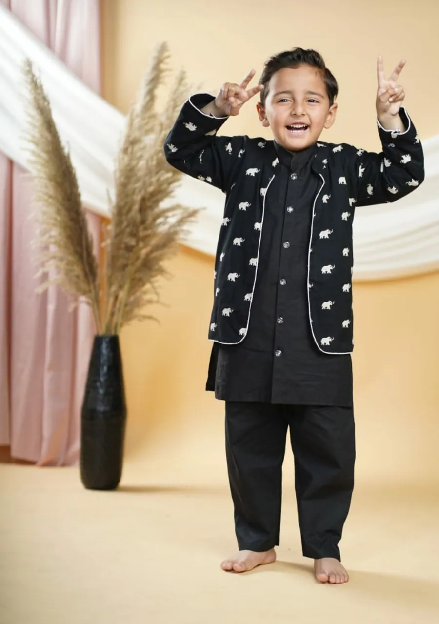 Elephant Print Boys Jacket with Black Kurta Pajama, view 2
