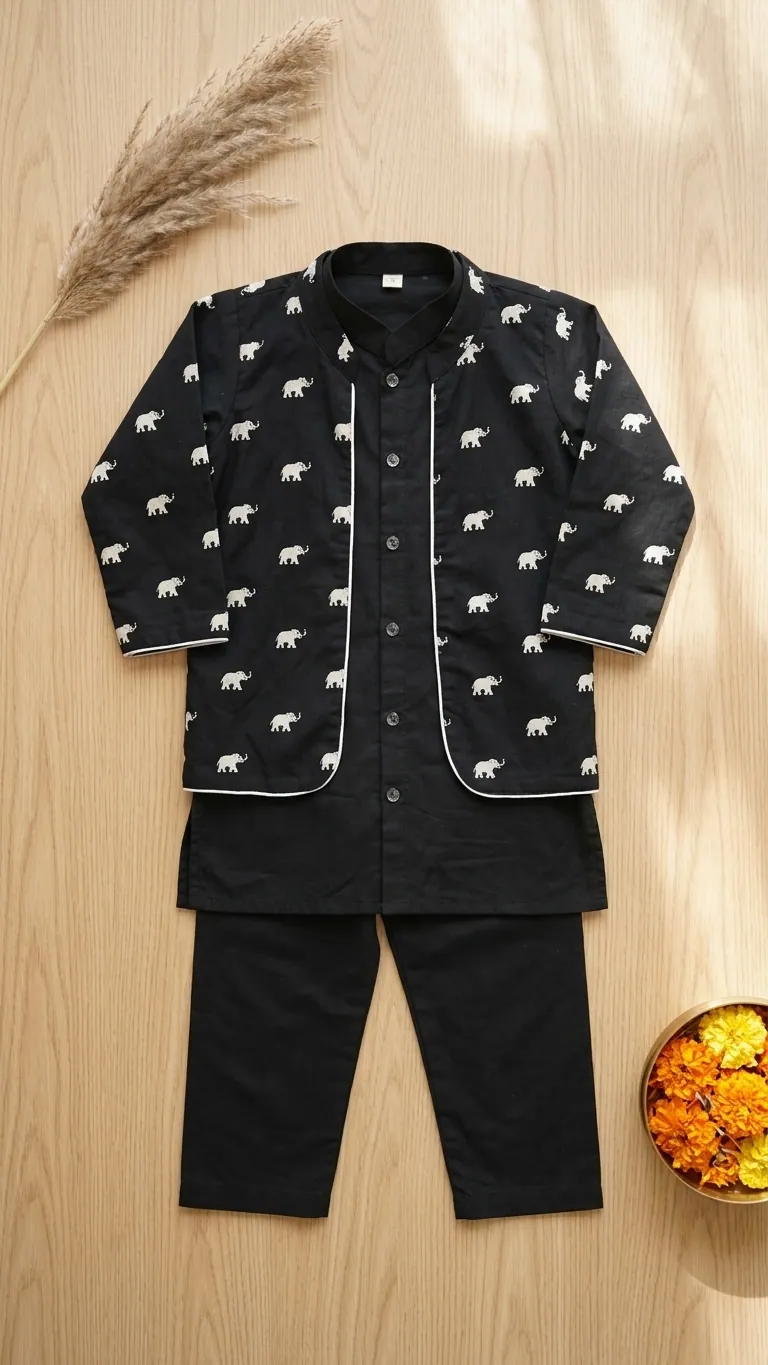 Elephant Print Boys Jacket with Black Kurta Pajama, view 3