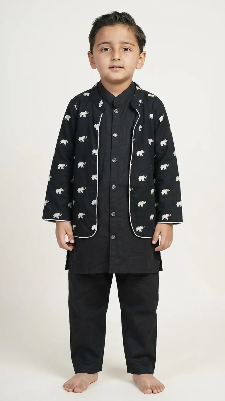 Elephant Print Boys Jacket with Black Kurta Pajama, view 4