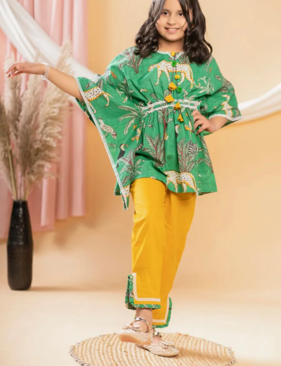 Animal Print Green Kaftan with Yellow Pants by Stay Desi Kids Ethnic Wear