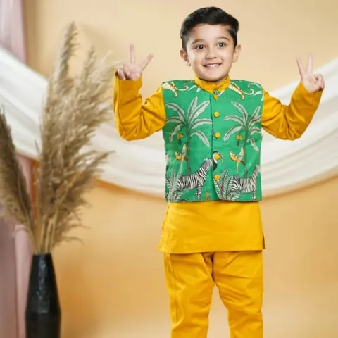 Animal Print Jacket with Yellow Kurta Pajama, kids ethnic wear by Stay Desi