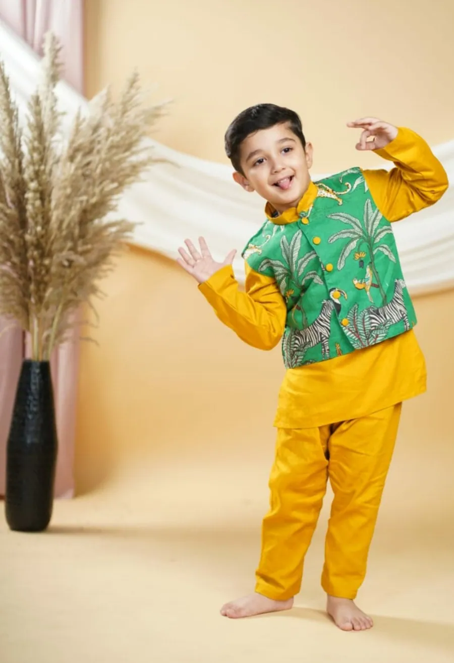 Animal Print Jacket with Yellow Kurta Pajama, view 2