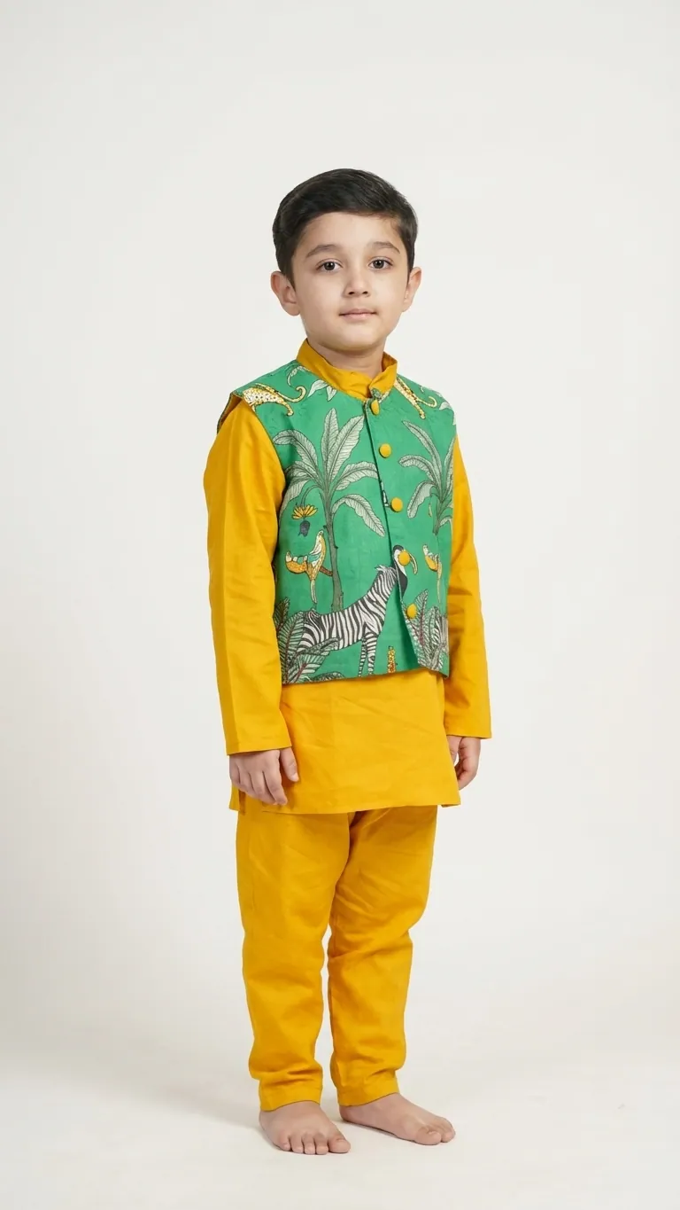 Animal Print Jacket with Yellow Kurta Pajama, view 4