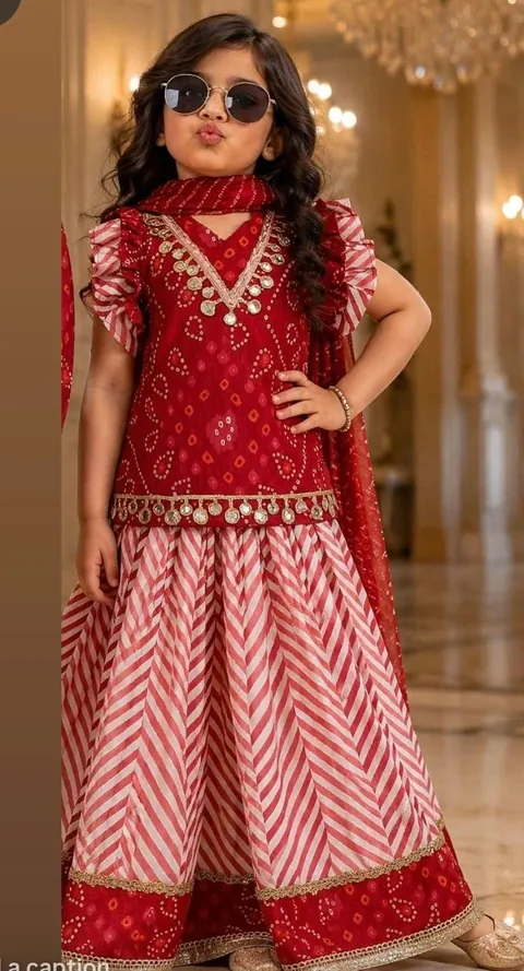 Red & White Print Girls Lehenga, kids ethnic wear by Stay Desi