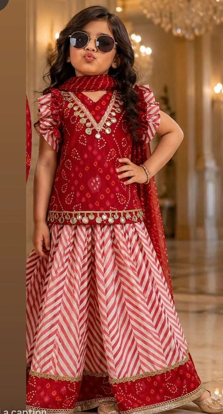 Red & White Print Girls Lehenga by Stay Desi Kids Ethnic Wear