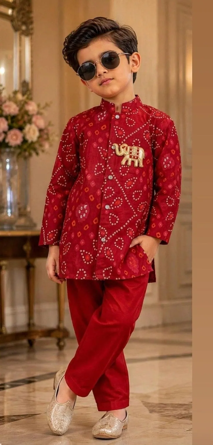 Boys Red Bandhani Print Kurta Set