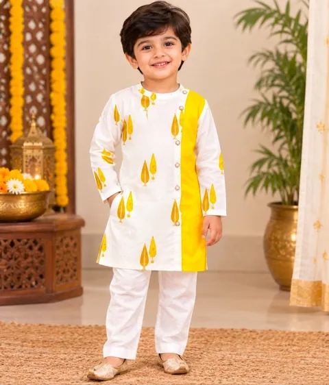 Boys Yellow & White Kurta Set, kids ethnic wear by Stay Desi
