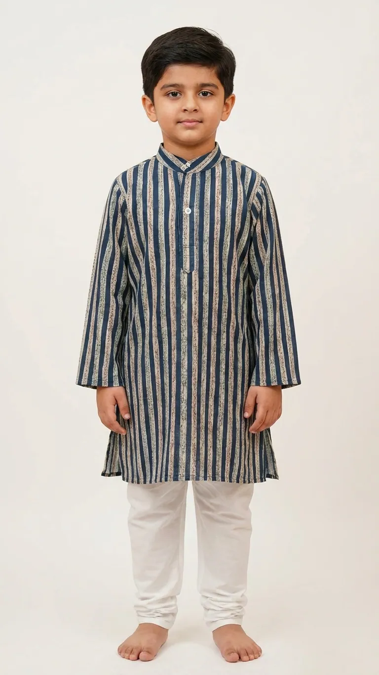 Lining Print Blue Kurta Pajama, view 3