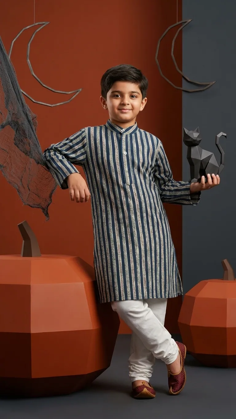 Lining Print Blue Kurta Pajama, view 4