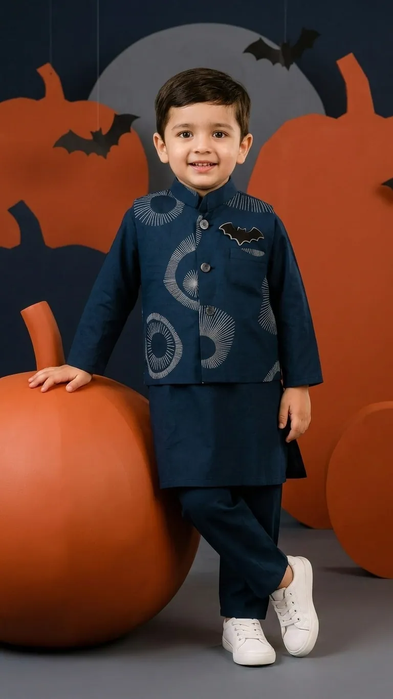 Navy Blue Kurta Pajama with Printed Jacket by Stay Desi Kids Ethnic Wear