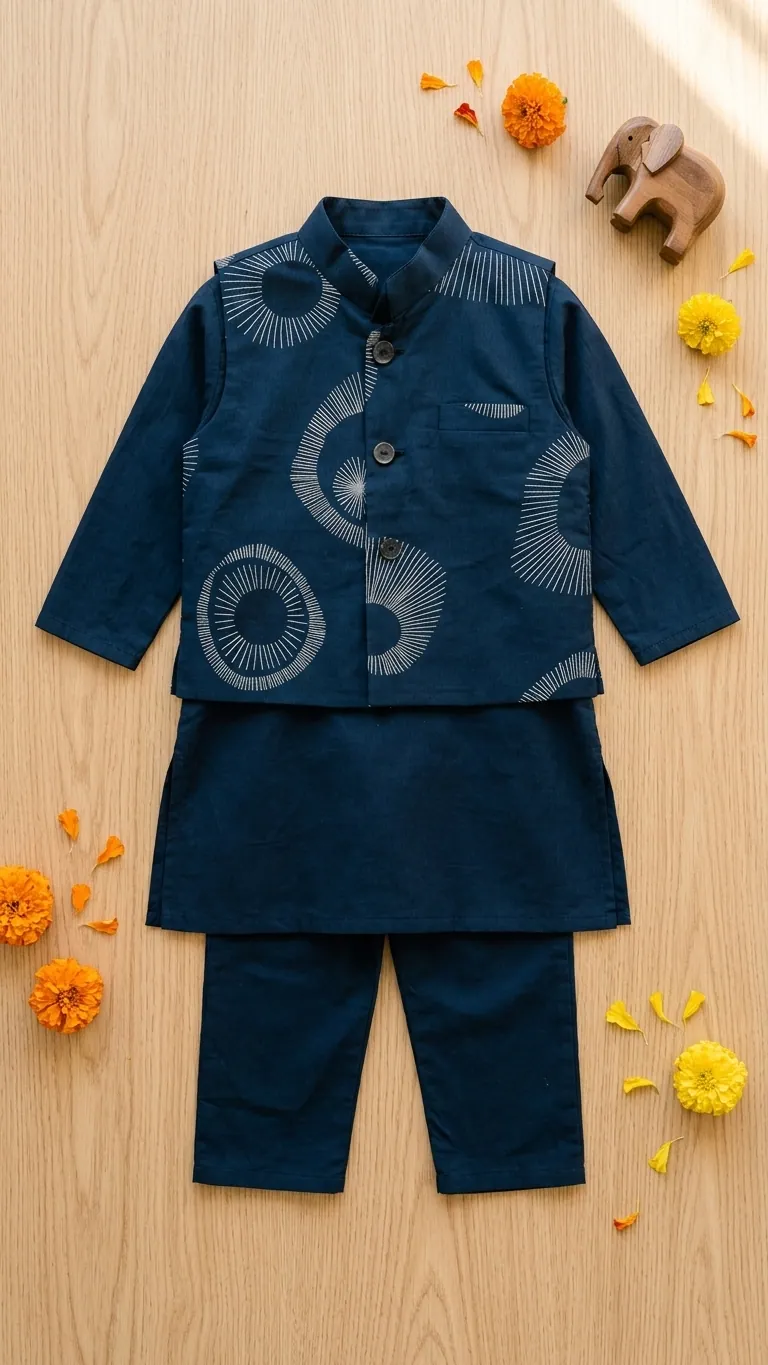 Navy Blue Kurta Pajama with Printed Jacket, view 2