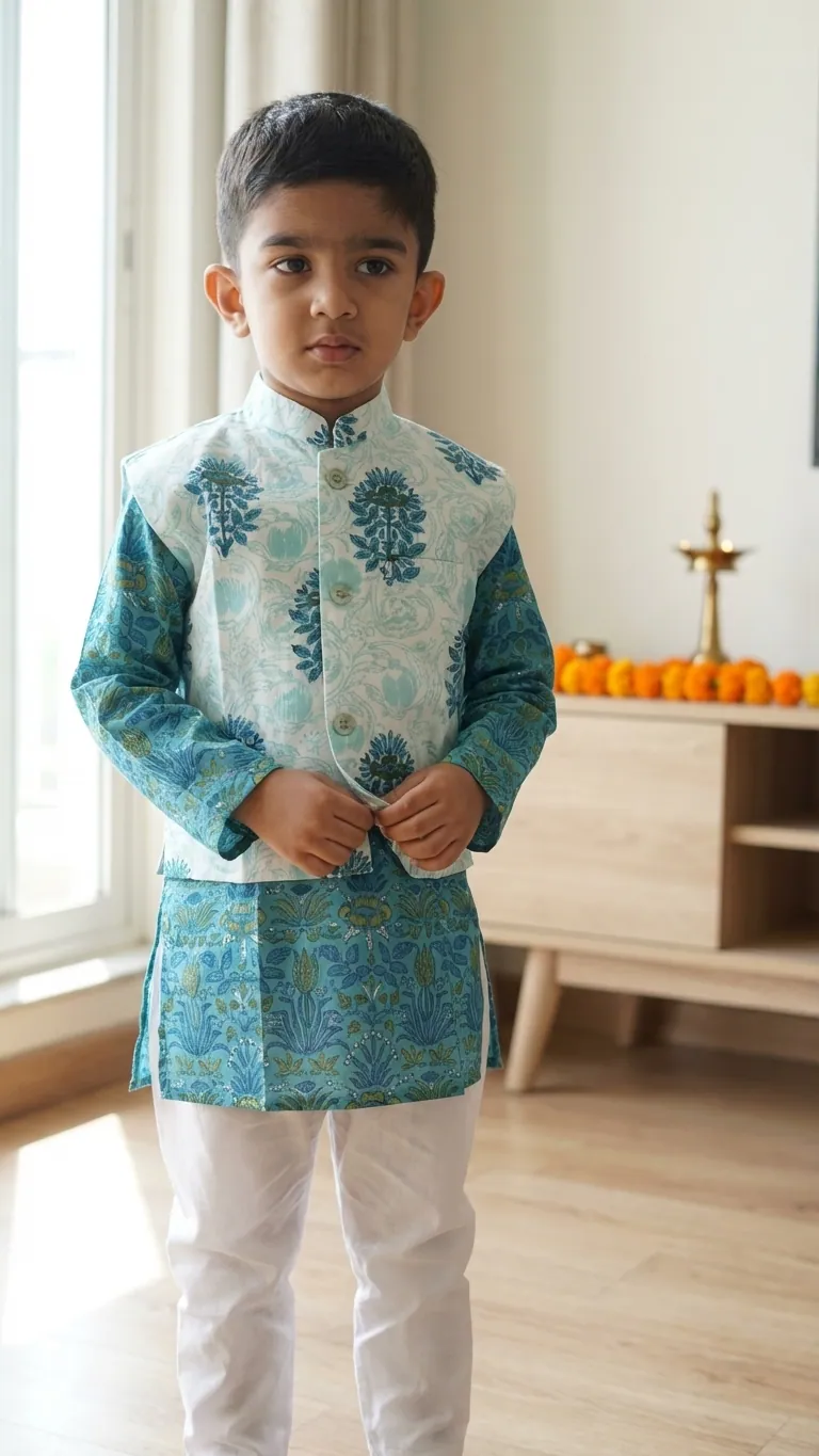 Blue Floral Kurta Set, view 3