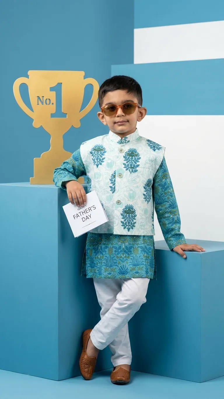 Blue Floral Kurta Set, view 4