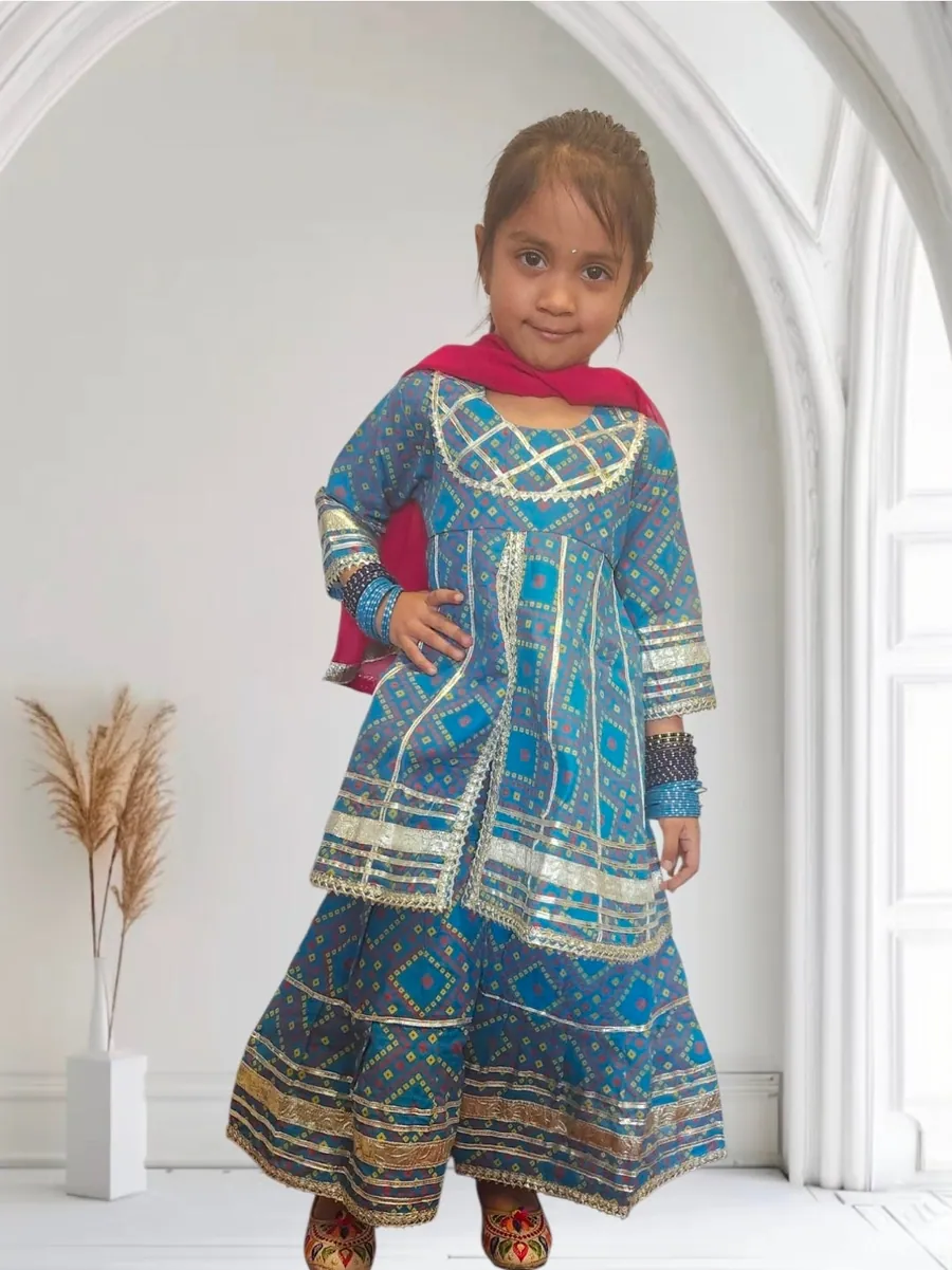Jaipuri Print Blue Sharara by Stay Desi Kids Ethnic Wear