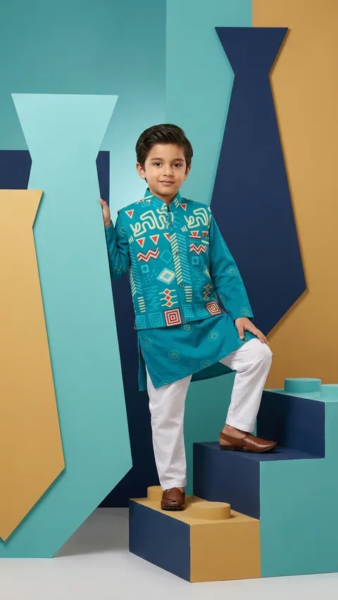 Turquoise Kurta with Printed Jacket, kids ethnic wear by Stay Desi
