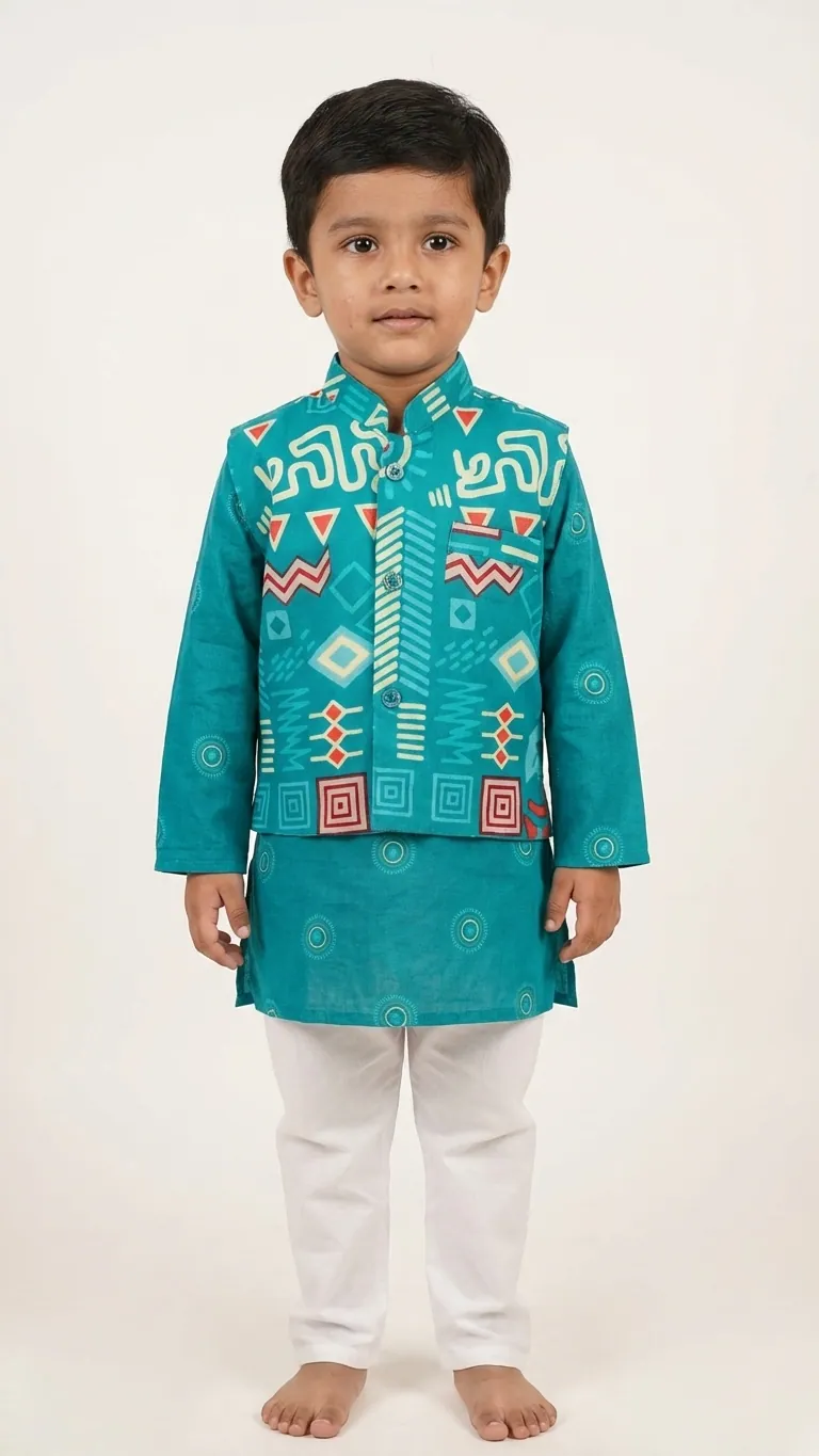 Turquoise Kurta with Printed Jacket, view 3