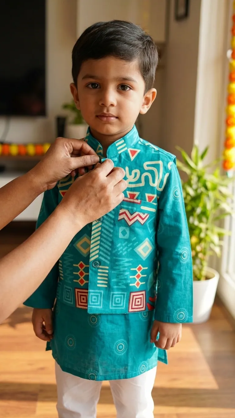 Turquoise Kurta with Printed Jacket, view 4
