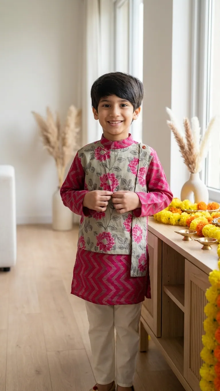 Printed Pink Kurta with Attached Jacket by Stay Desi Kids Ethnic Wear