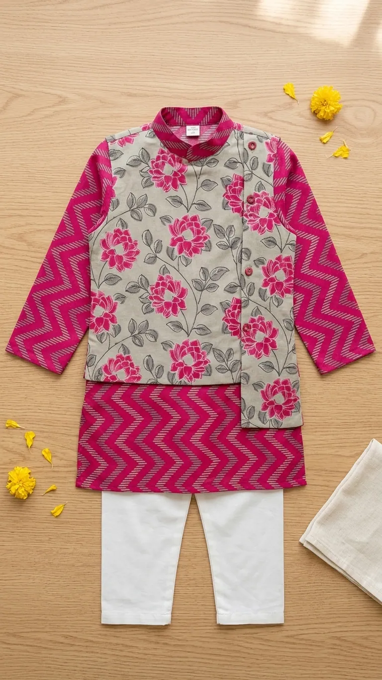 Printed Pink Kurta with Attached Jacket, view 2