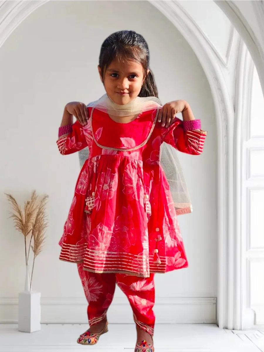 Red Floral Dhoti Style Suit, view 3