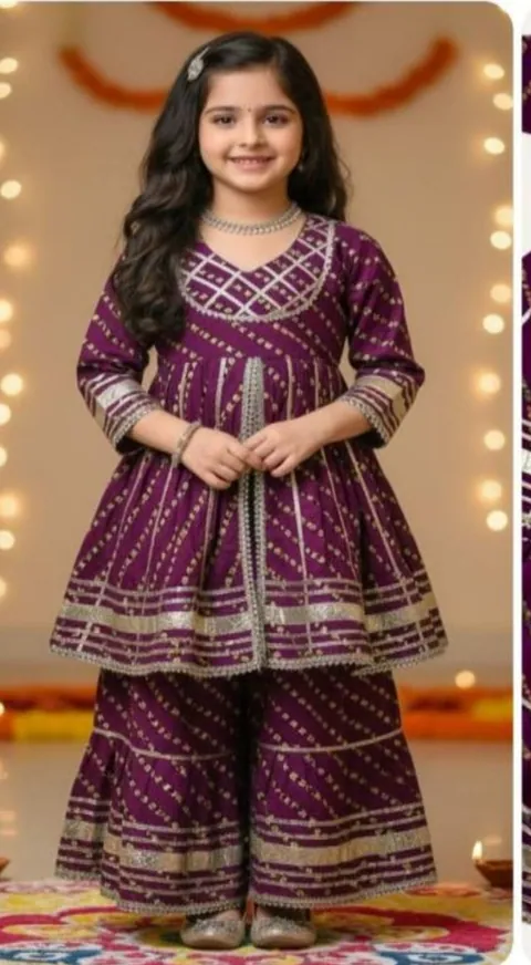 Jaipuri Print Purple Sharara Suit, kids ethnic wear by Stay Desi