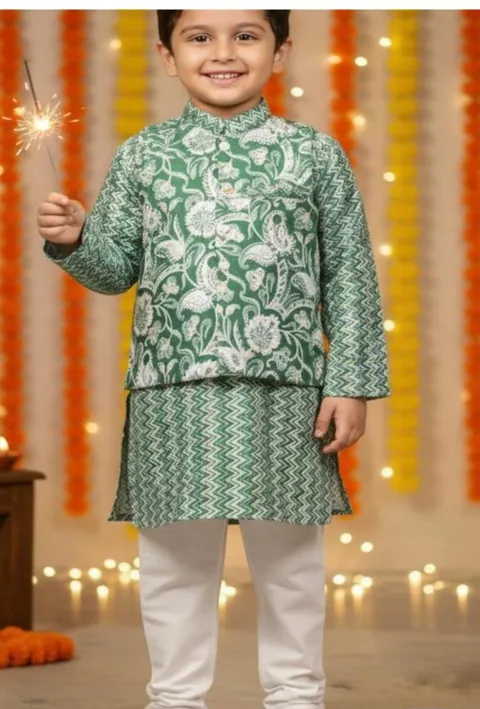 Kurta Pajama with Jacket Set Green, kids ethnic wear by Stay Desi